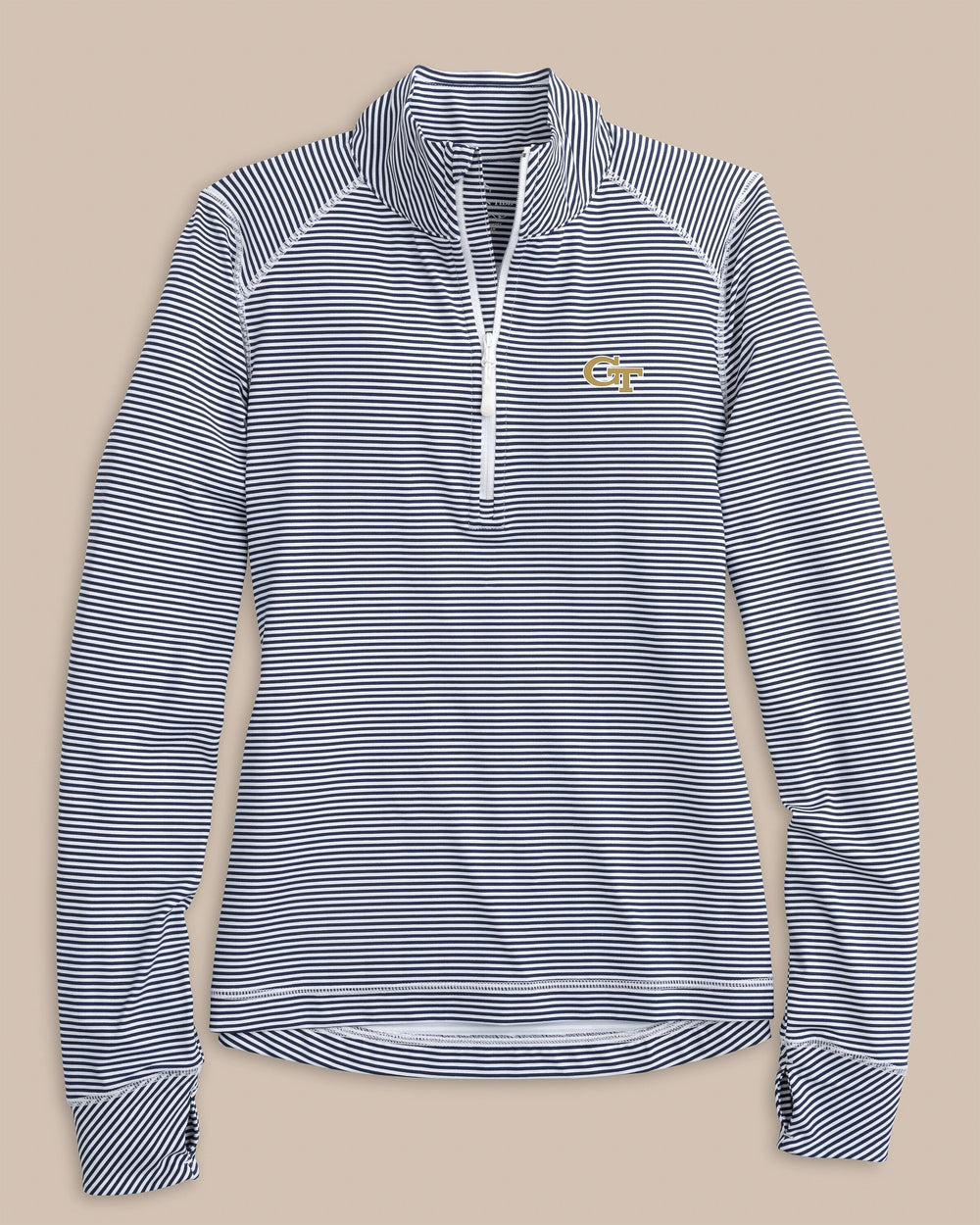 The front view of the Southern Tide Georgia Tech Women's Striped Runaround Quarter Zip by Southern Tide - Dress Blue
