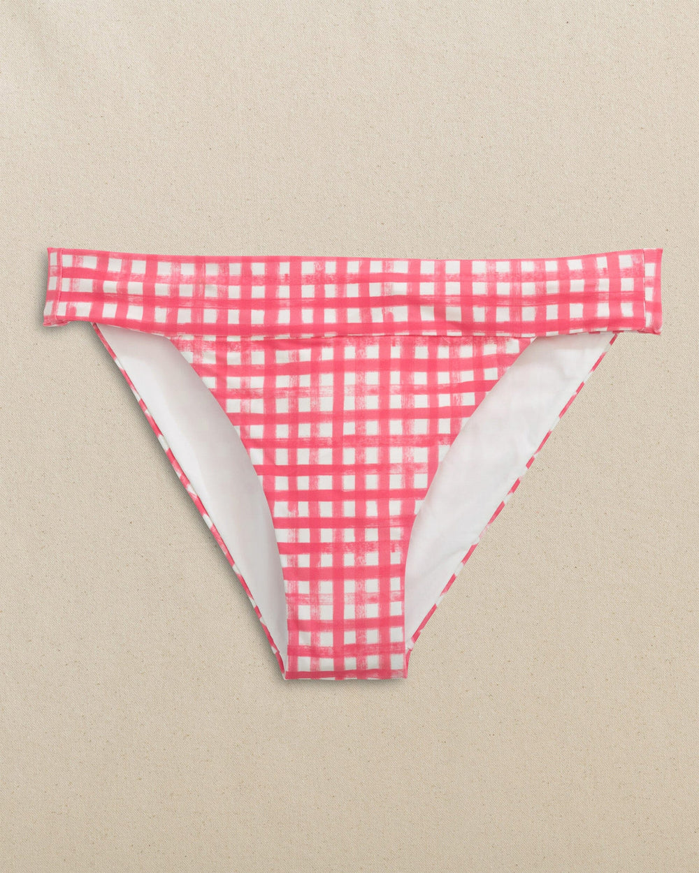 The front view of the Southern Tide Gingham Banded Bikini Bottom by Southern Tide - Island Pink