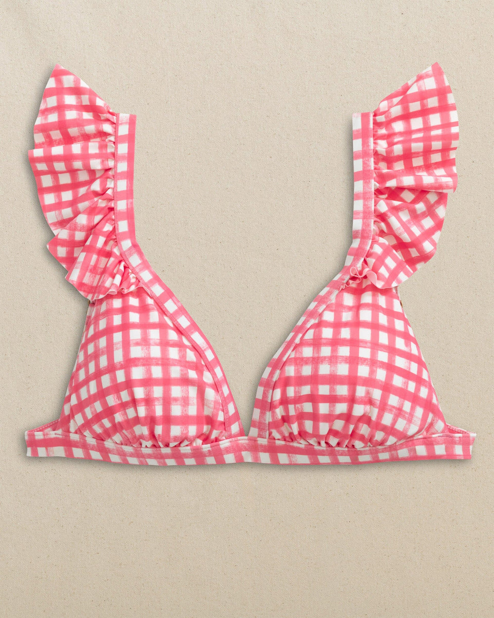 The front view of the Southern Tide Gingham Banded Ruffle Bikini Top by Southern Tide - Island Pink