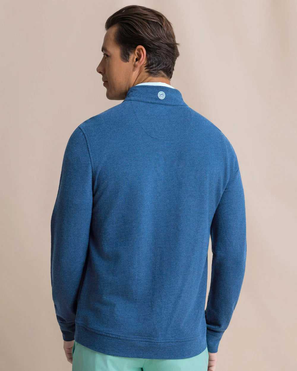 The back view of the Southern Tide Gulf View Heather Quarter Zip by Southern Tide - Heather Nautical Blue