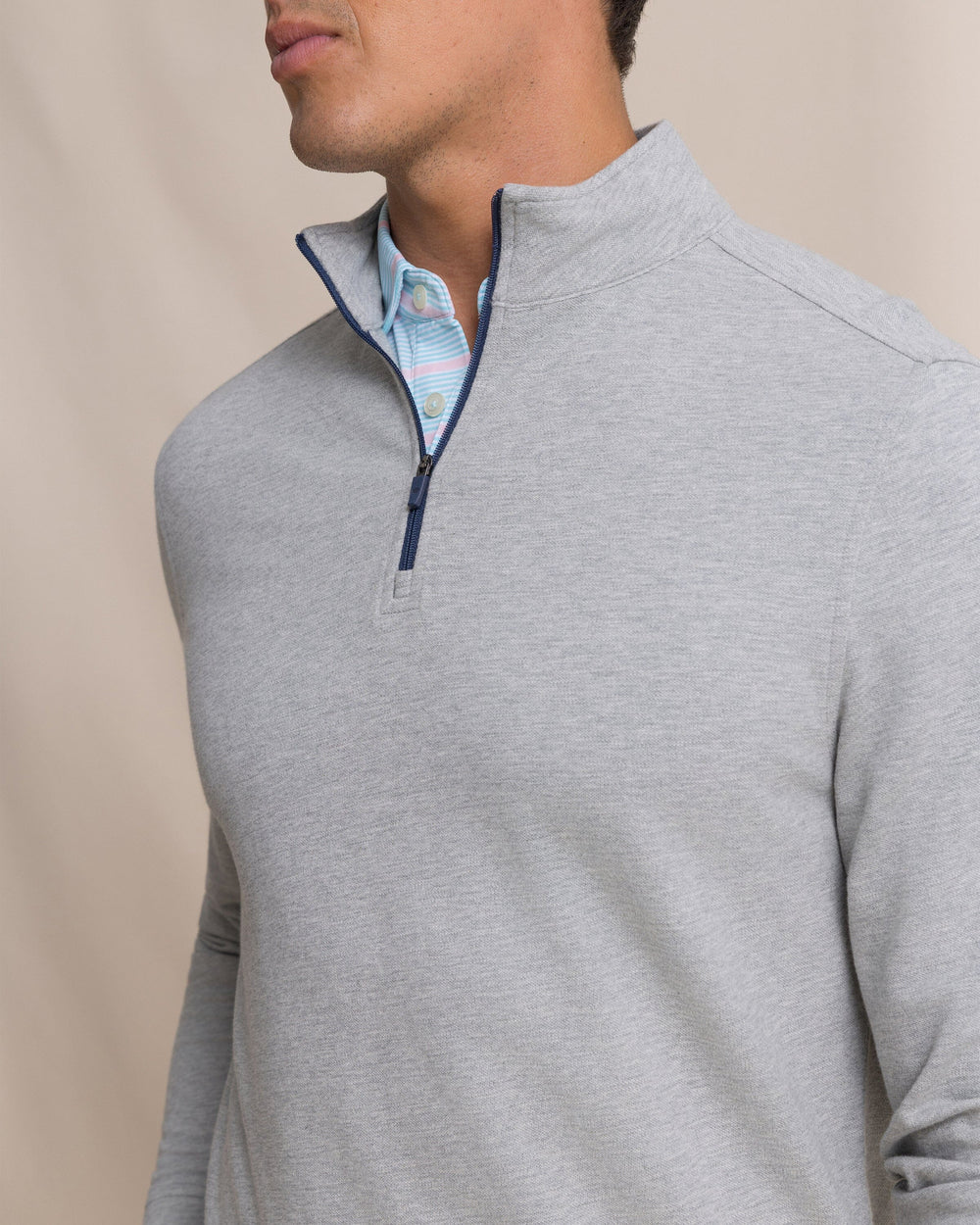 The detail view of the Southern Tide Gulf View Heather Quarter Zip by Southern Tide - Heather Steel
