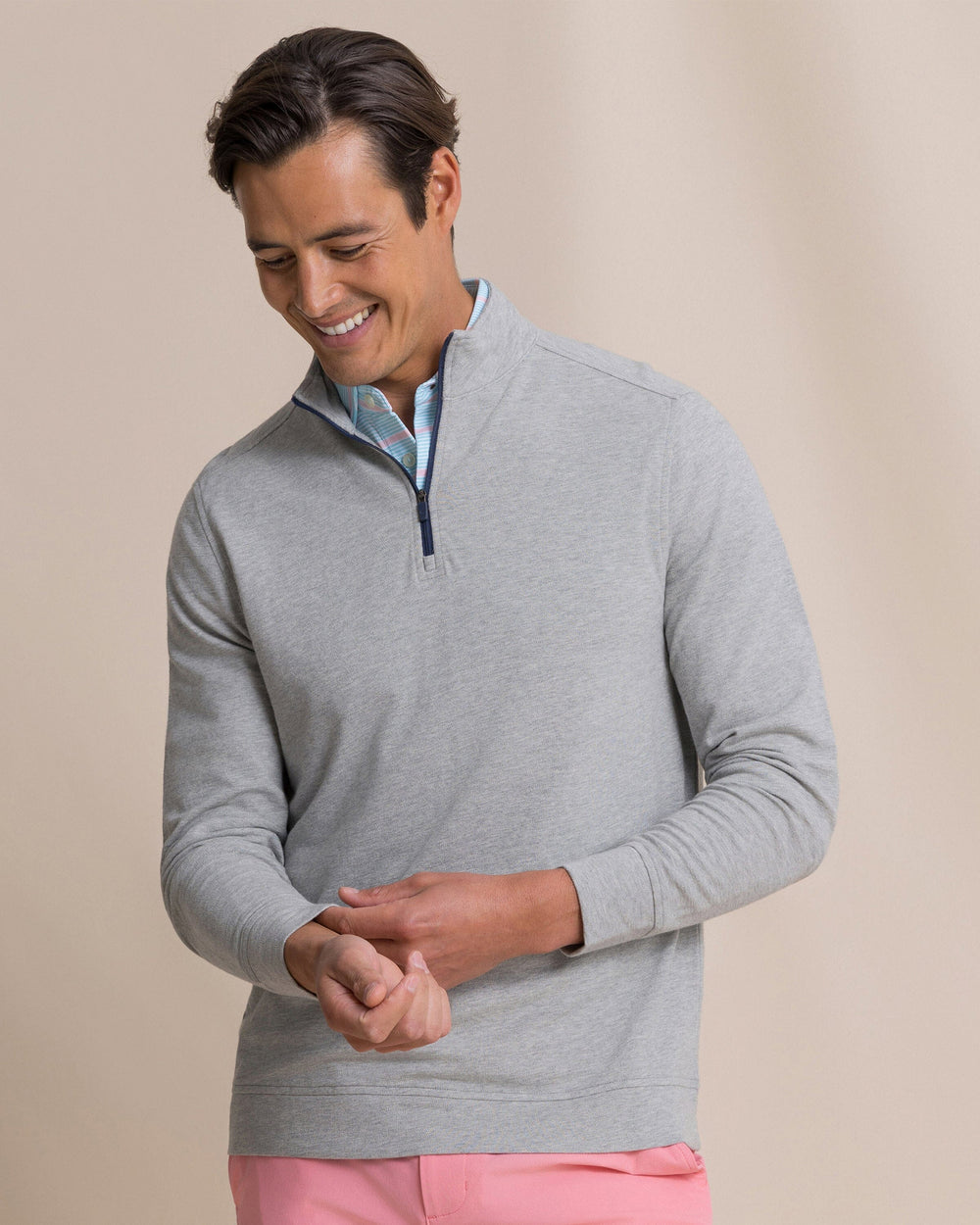 The front view of the Southern Tide Gulf View Heather Quarter Zip by Southern Tide - Heather Steel
