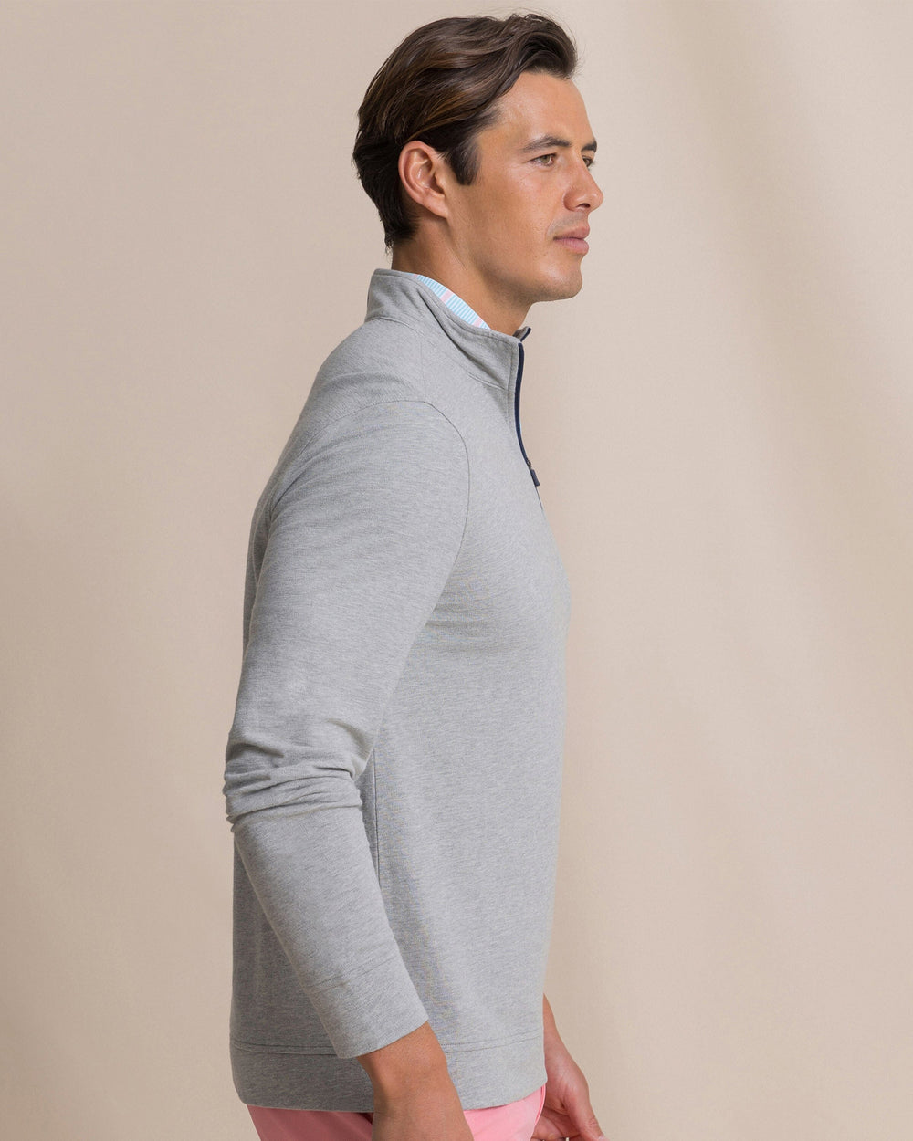 The side view of the Southern Tide Gulf View Heather Quarter Zip by Southern Tide - Heather Steel