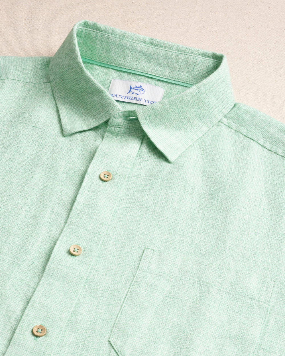 The detail view of the Southern Tide Gulf View Short Sleeve Sport Shirt by Southern Tide - Starboard Green