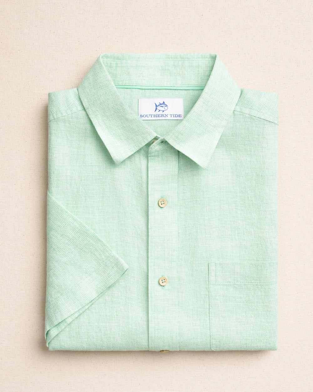 The front view of the Southern Tide Gulf View Short Sleeve Sport Shirt by Southern Tide - Starboard Green