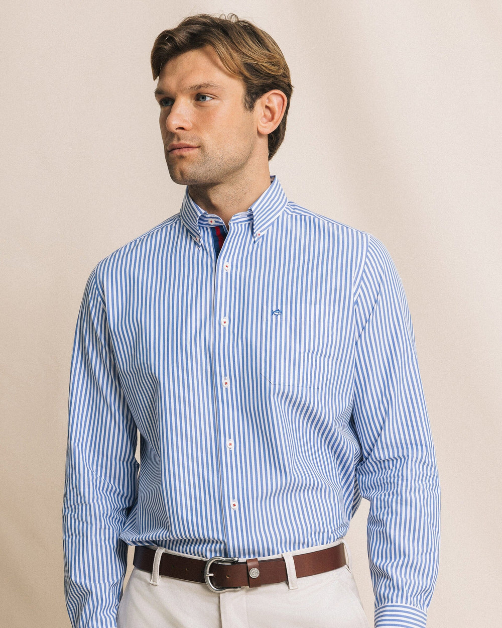 The front view of the Southern Tide Gulfstream Stripe Sport Shirt by Southern Tide - Blue