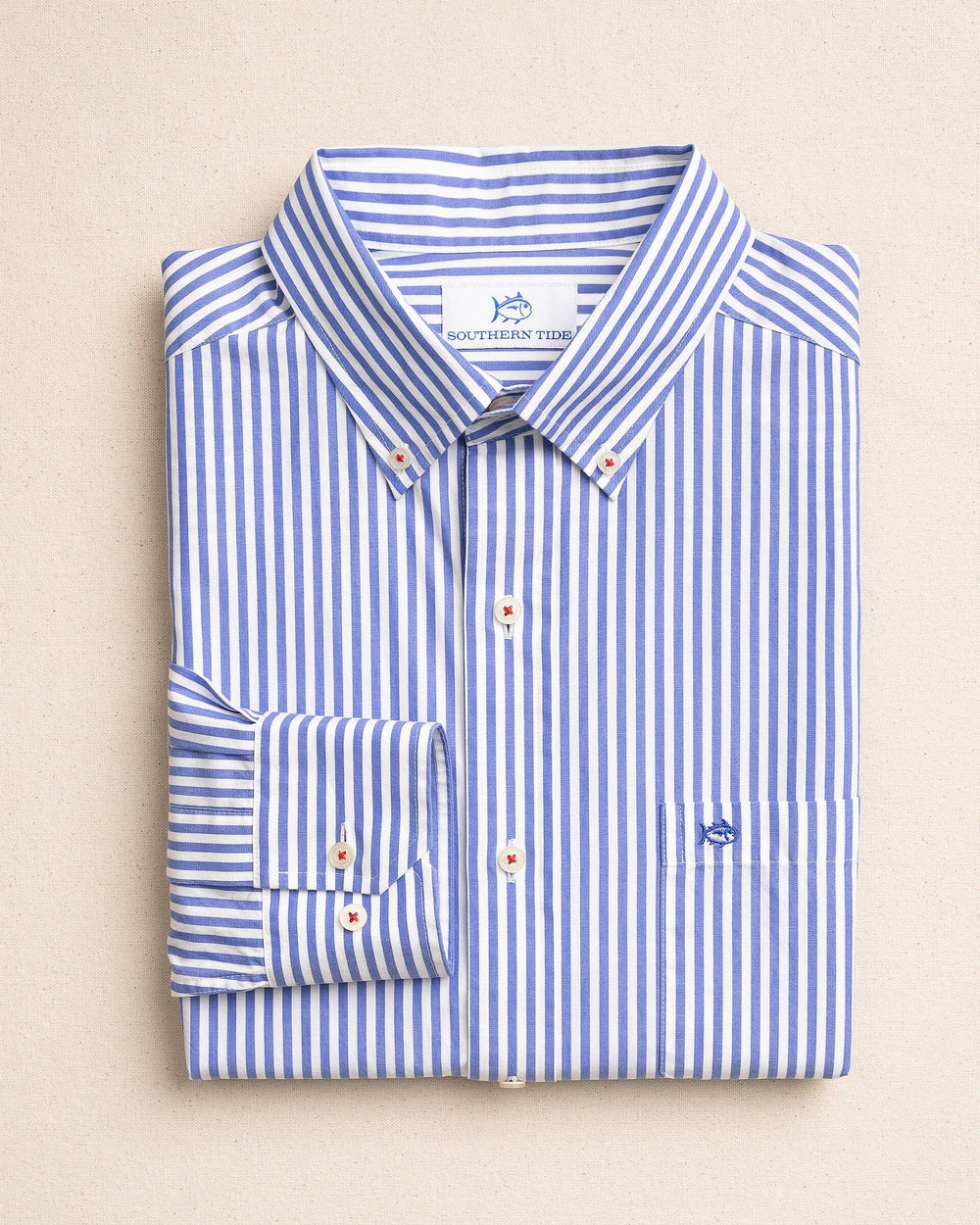 The front view of the Southern Tide Gulfstream Stripe Sport Shirt by Southern Tide - Blue