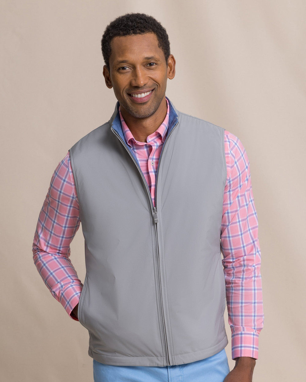 The front view of the Southern Tide Harbor Reversible Vest by Southern Tide - Steel