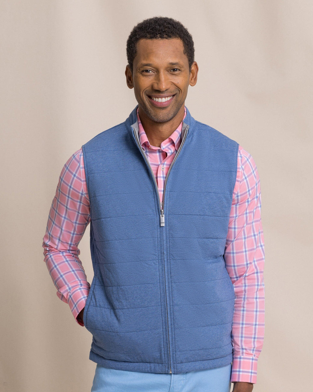 The front view of the Southern Tide Harbor Reversible Vest by Southern Tide - Steel