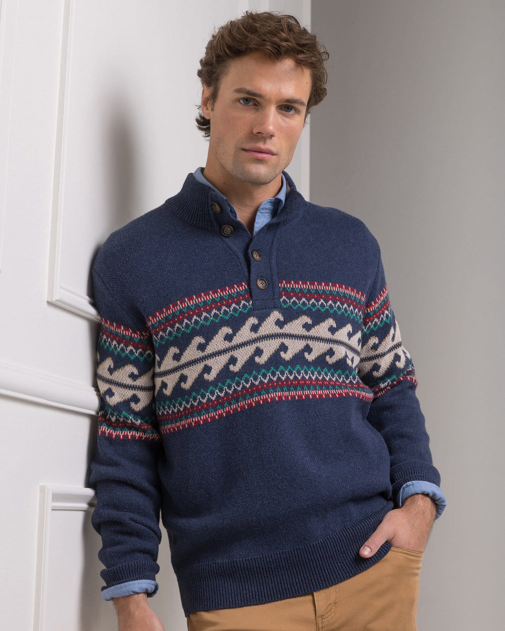 The front view of the Southern Tide Heather Quarter Button Fair Isle Sweater by Southern Tide - Heather Dress Blue