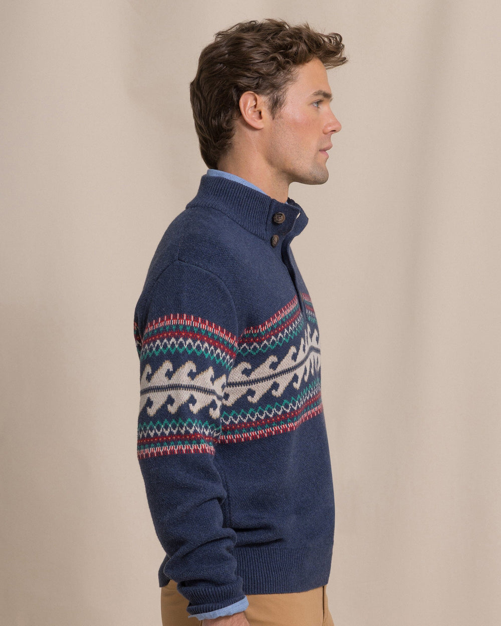 The side view of the Southern Tide Heather Quarter Button Fair Isle Sweater by Southern Tide - Heather Dress Blue