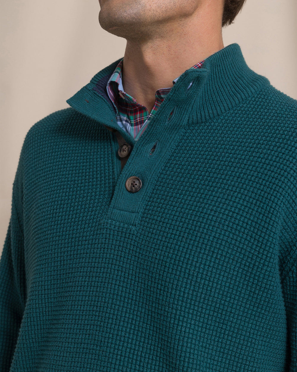 The detail view of the Southern Tide Heather Quarter Button Sweater by Southern Tide - Heather Salt Meadow