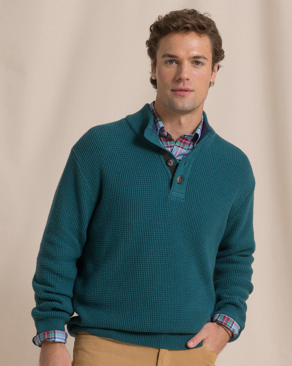 The front view of the Southern Tide Heather Quarter Button Sweater by Southern Tide - Heather Salt Meadow