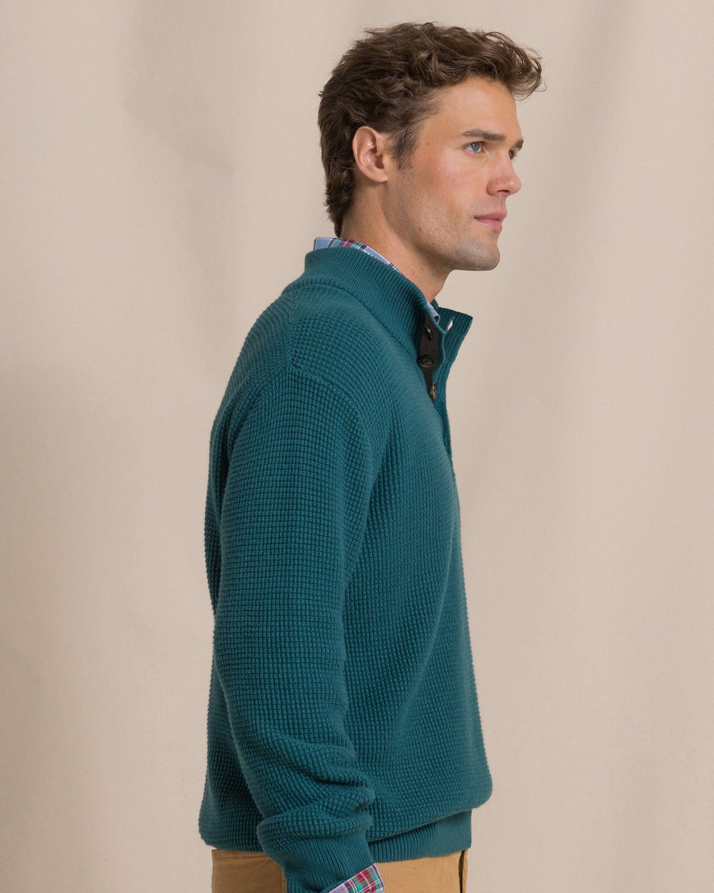 The side view of the Southern Tide Heather Quarter Button Sweater by Southern Tide - Heather Salt Meadow