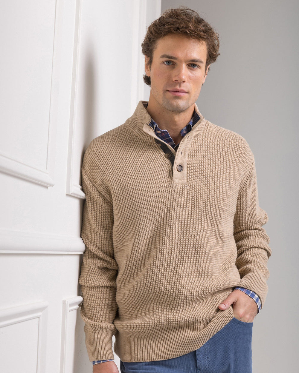The front view of the Southern Tide Heather Quarter Button Sweater by Southern Tide - Heather Tannin