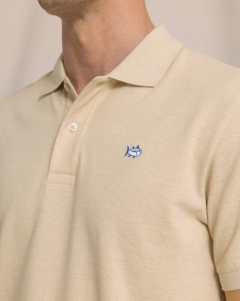The detail view of the Southern Tide Heather Skipjack Polo by Southern Tide - Heather Sand Dunes