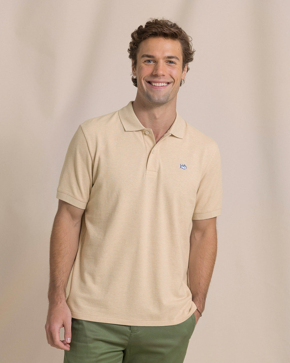 The front view of the Southern Tide Heather Skipjack Polo by Southern Tide - Heather Sand Dunes