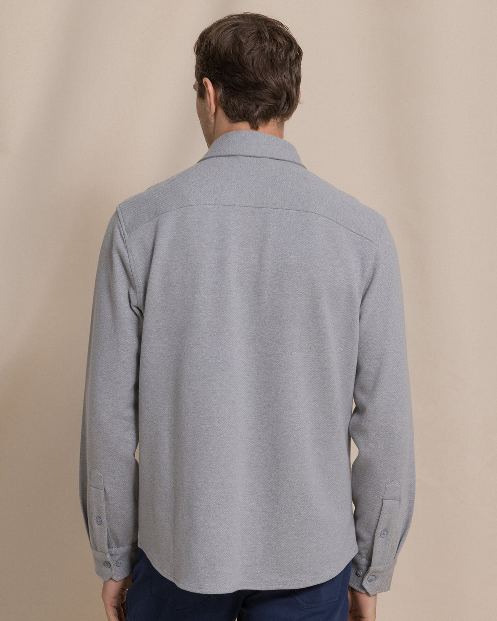 The back view of the Southern Tide Heather Twill Knit Shacket by Southern Tide - Heather Grey