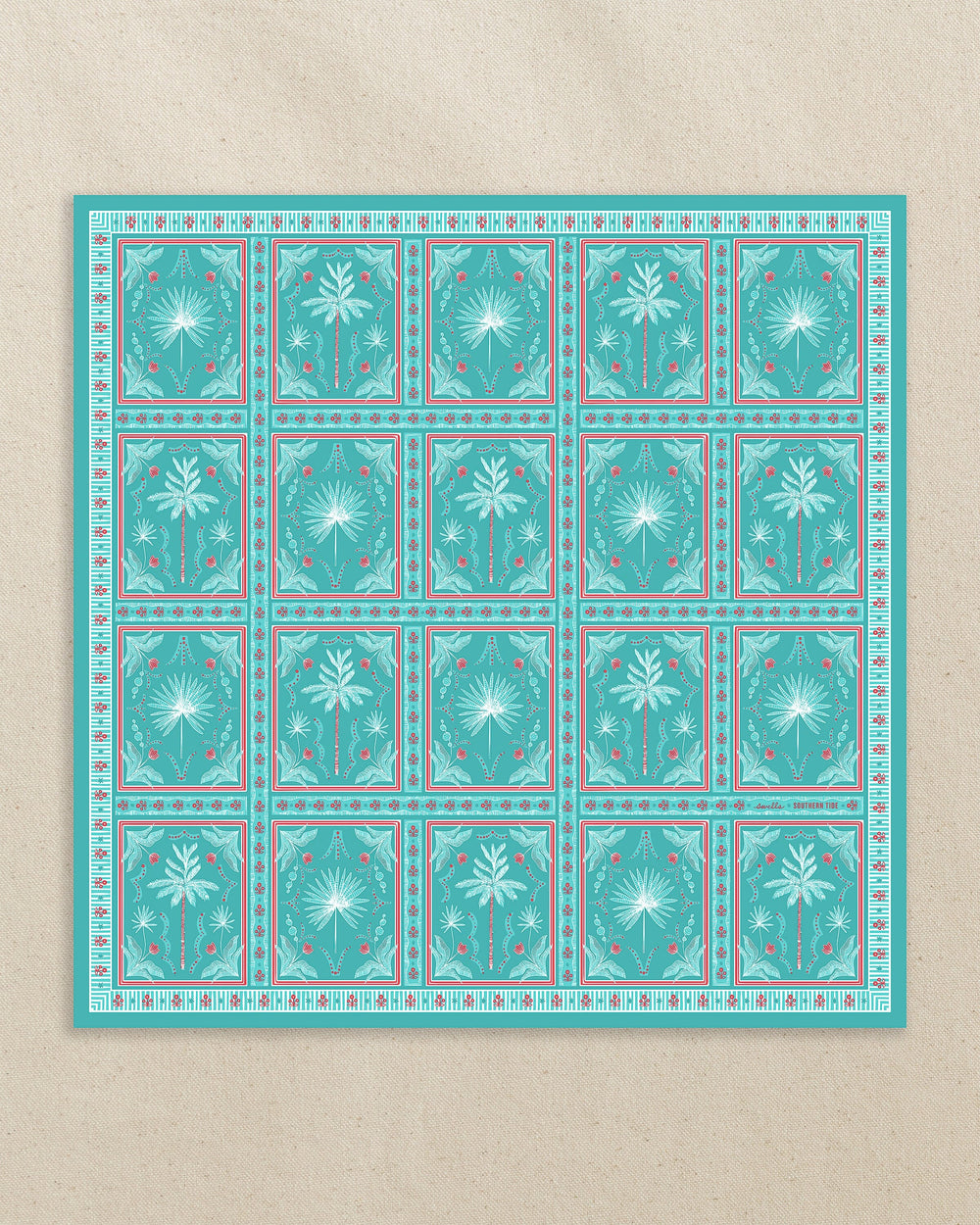 The front design view of the Southern Tide Swells Illustrated Palms Scarf by Southern Tide - Teal