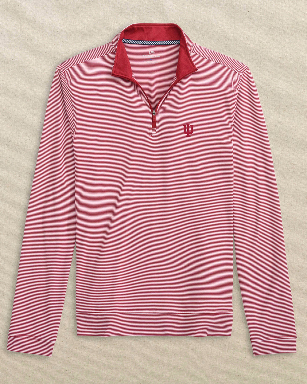 The front view of the Southern Tide Indiana Hoosiers Cruiser Micro-Stripe Quarter Zip by Southern Tide - Heather Crimson