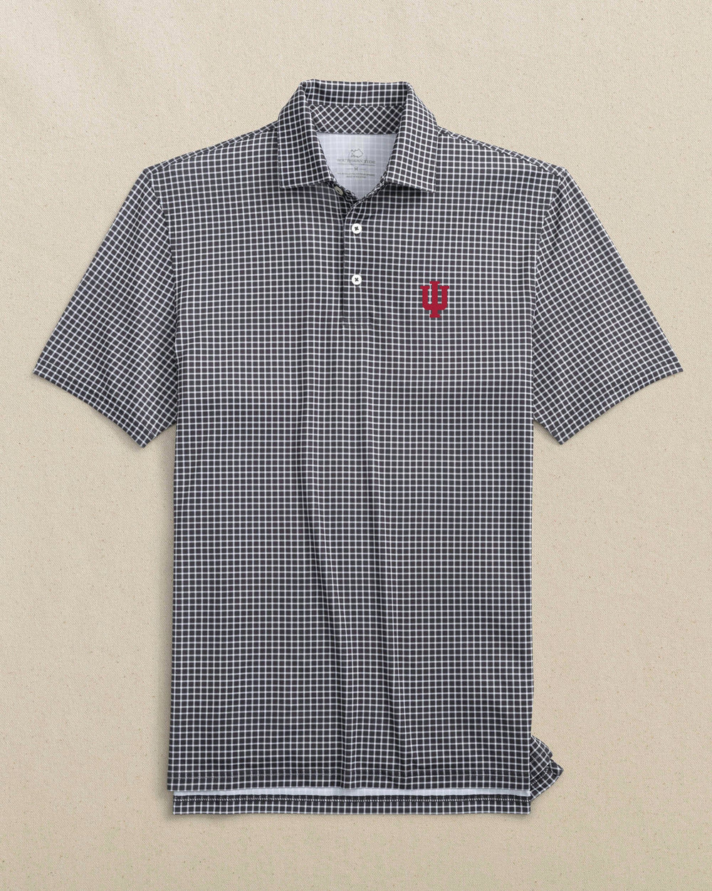 The front view of the Southern Tide Indiana Hoosiers Driver Dunes Edge Plaid Polo by Southern Tide - Black