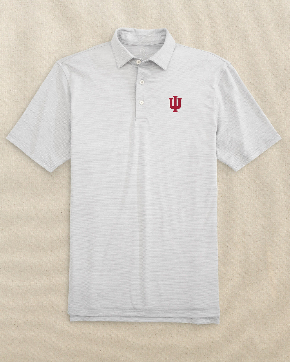 The front view of the Southern Tide Indiana Hoosiers Driver Spacedye Polo by Southern Tide - Slate Grey