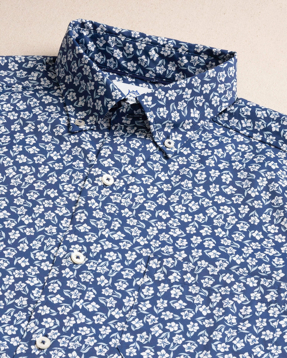 The detail view of the Southern Tide Island Infusion Coastal Breeze® Short Sleeve Sport Shirt by Southern Tide - Nautical Blue