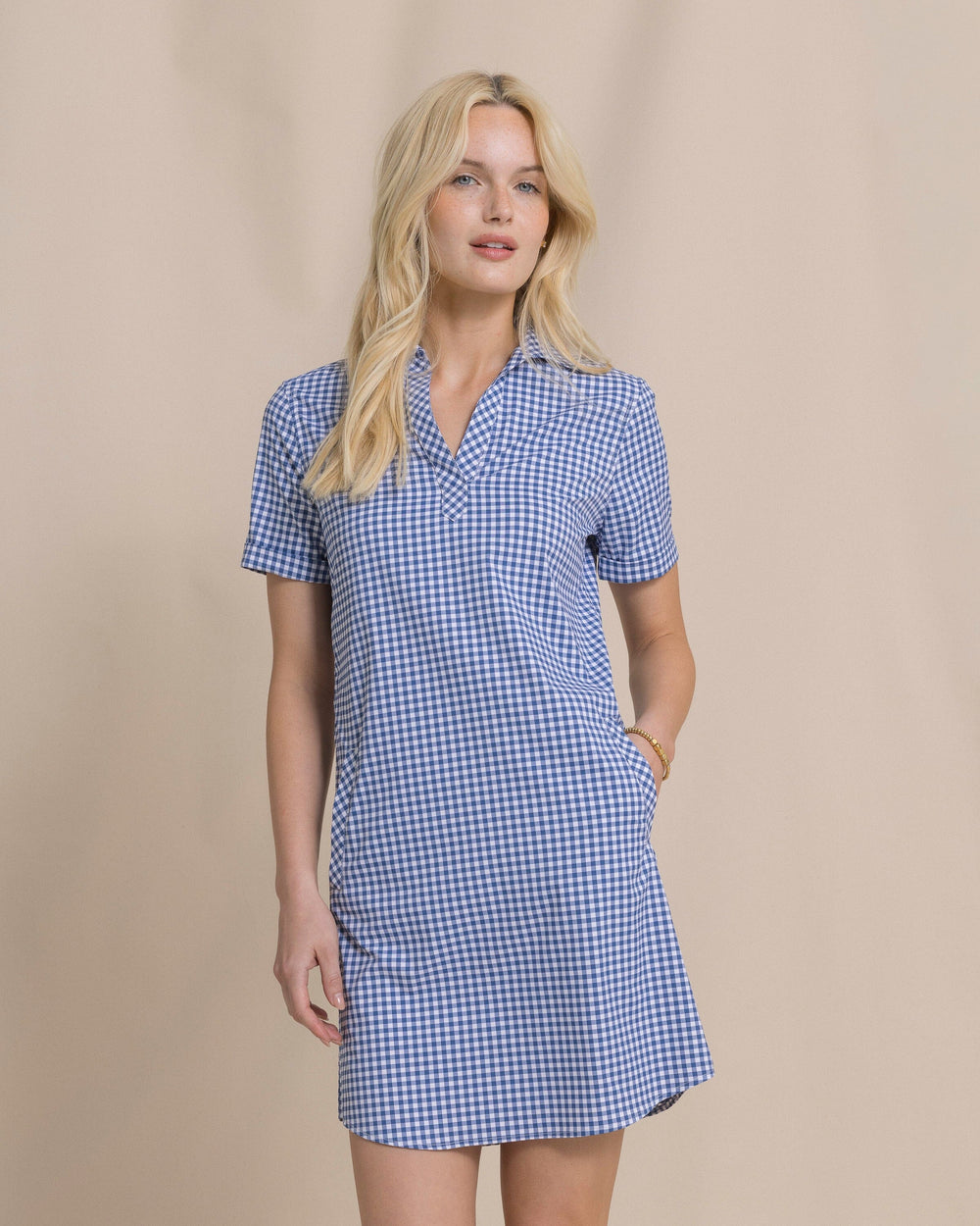 The front view of the Southern Tide Kamryn Gingham Coastal Breeze® Dress by Southern Tide - Nautical Blue