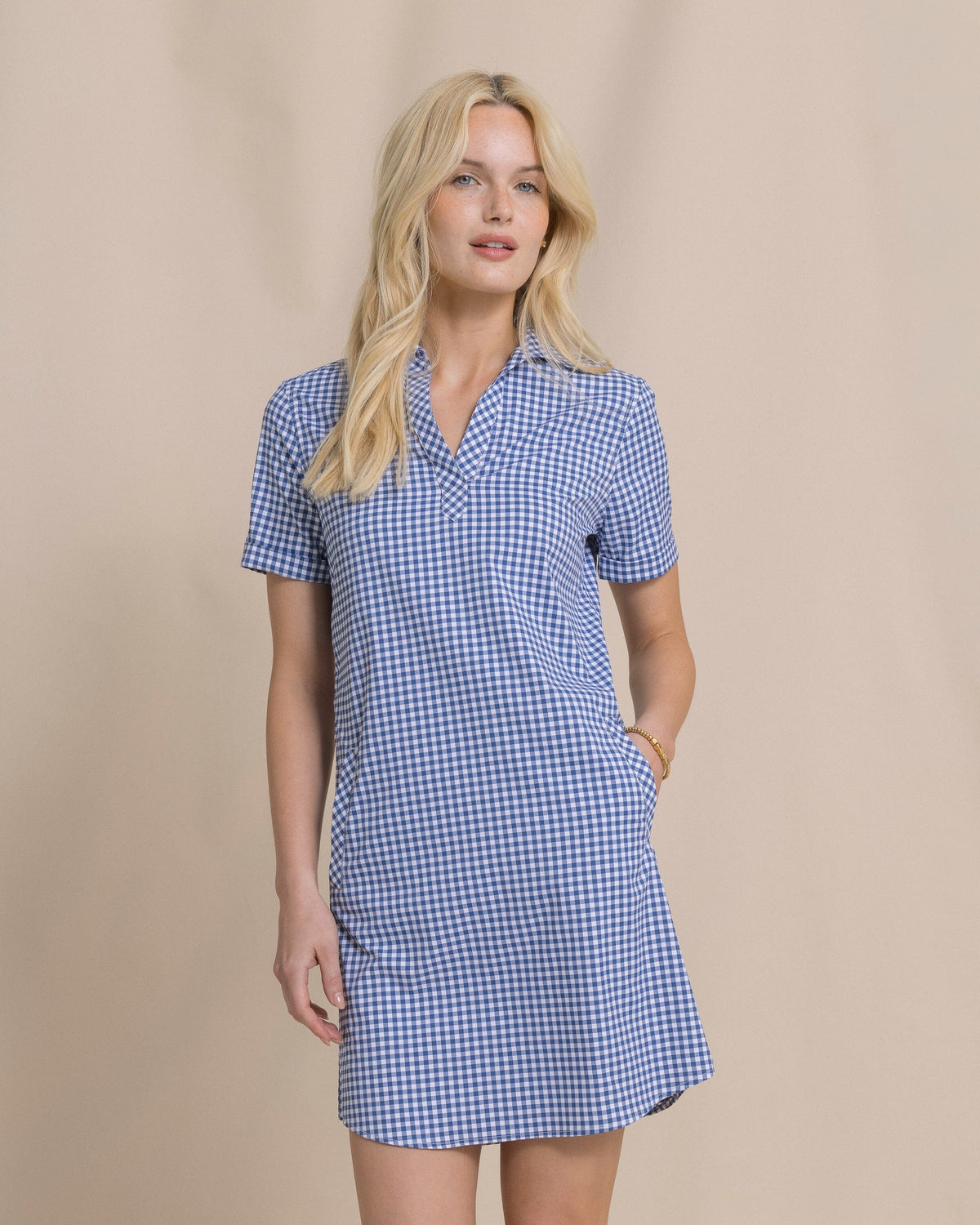 The front view of the Southern Tide Kamryn Gingham Coastal Breeze® Dress by Southern Tide - Nautical Blue