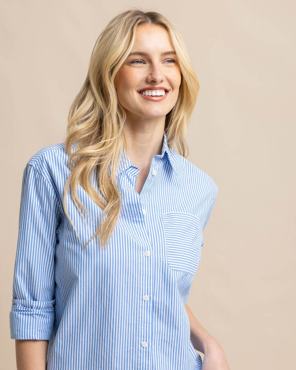 The front view of the Southern Tide Katherine Stripe Shirt by Southern Tide - Blue Fin