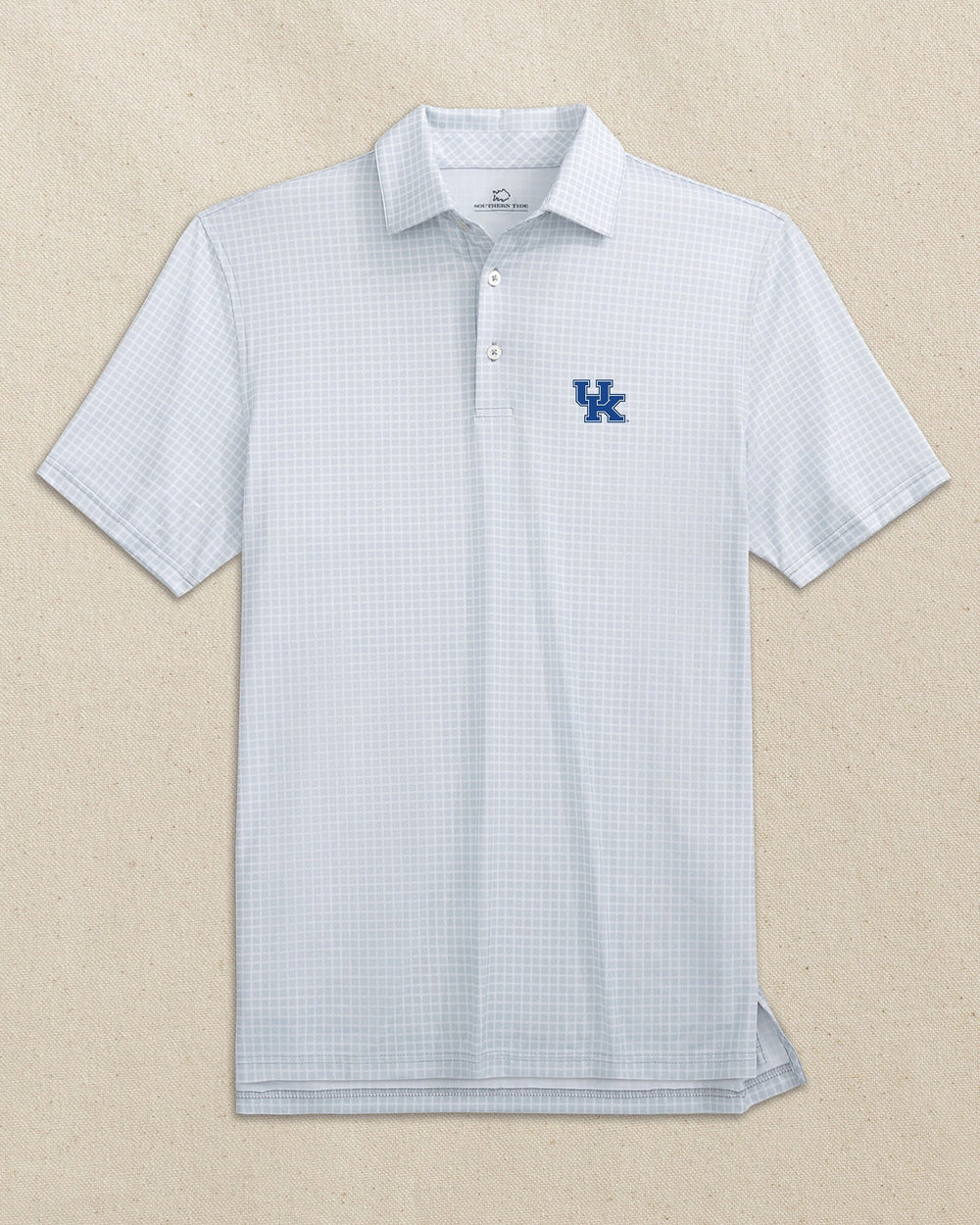 The front view of the Southern Tide Kentucky Wildcats Driver Dunes Edge Plaid Polo by Southern Tide - Slate Grey