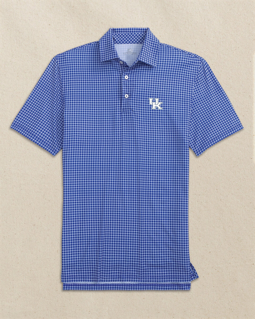 The front view of the Southern Tide Kentucky Wildcats Driver Dunes Edge Plaid Polo by Southern Tide - University Blue