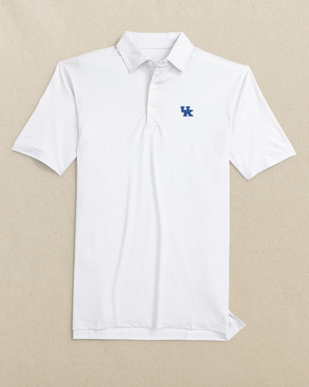The front view of the Southern Tide Kentucky Wildcats Driver ST Geo Printed Polo by Southern Tide - Classic White