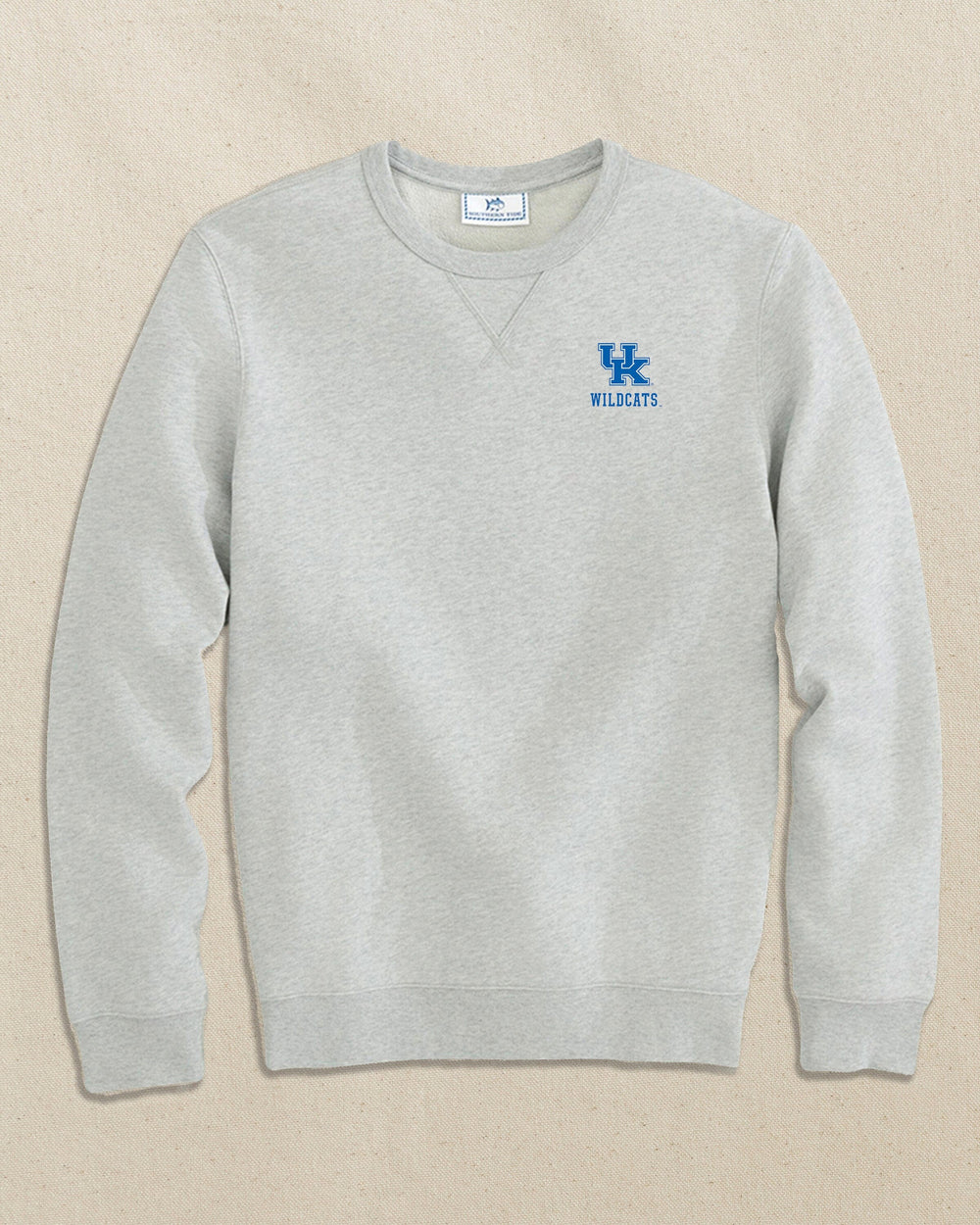 The front view of the Southern Tide Kentucky Wildcats Upper Deck Pullover Sweatshirt by Southern Tide - Heather Slate Grey