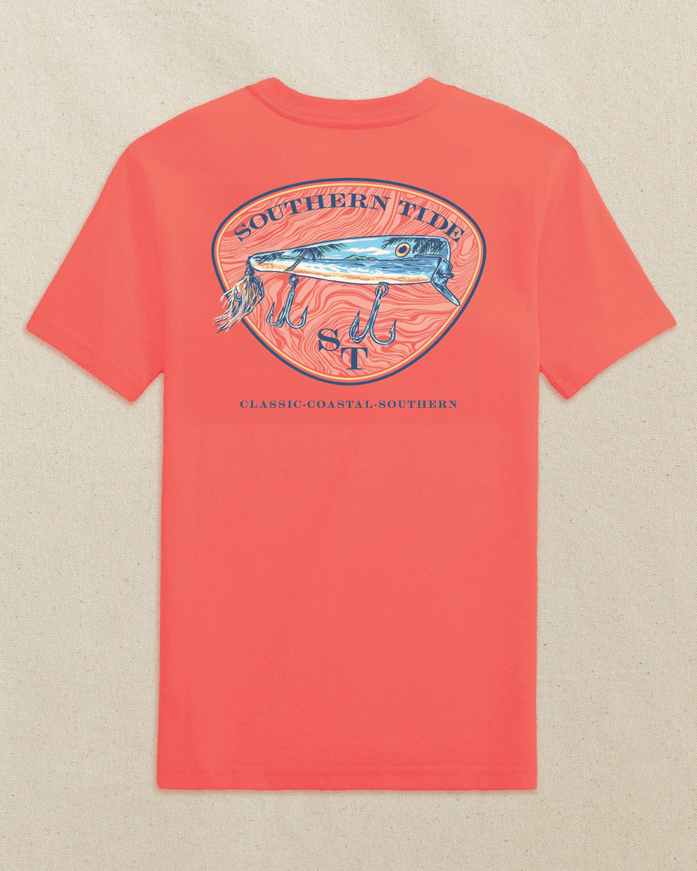 The back view of the Southern Tide Kids Beach Lure Short Sleeve T-Shirt by Southern Tide - Orange Blossom