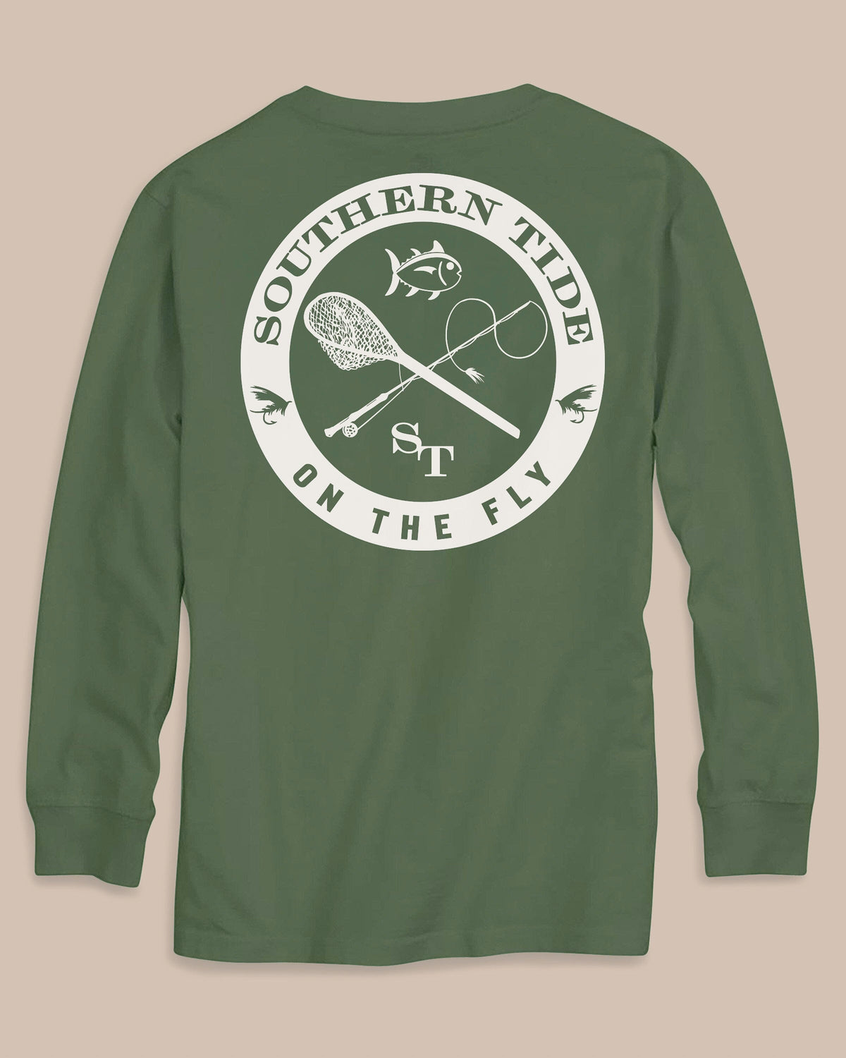 The back view of the Southern Tide Kids Fly Fishing Badge Long Sleeve T-Shirt by Southern Tide - Cedar Green