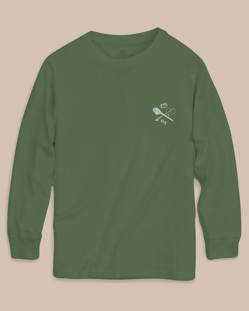 The front view of the Southern Tide Kids Fly Fishing Badge Long Sleeve T-Shirt by Southern Tide - Cedar Green
