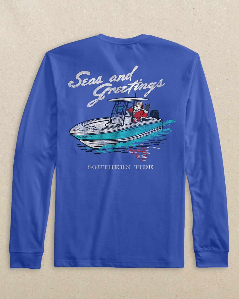 The back view of the Southern Tide Kids Holiday Santa Console Long Sleeve T-Shirt by Southern Tide - Dazzling Blue