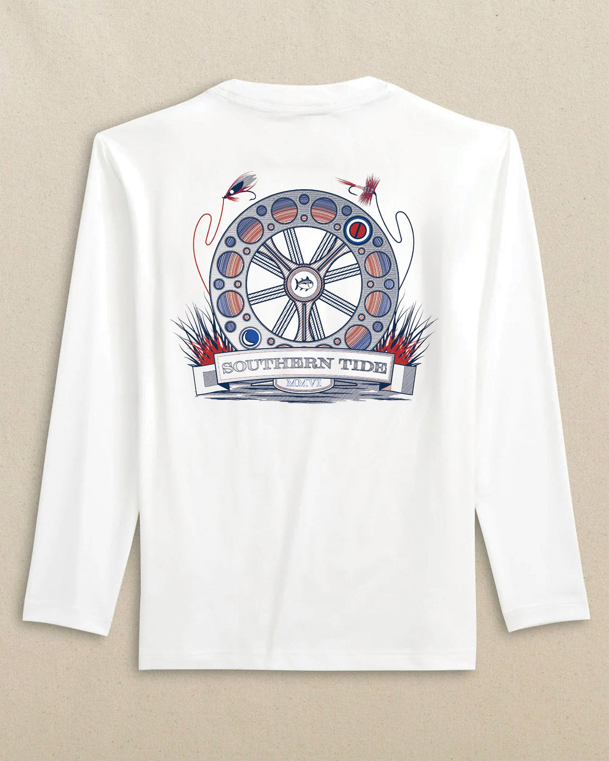 The back view of the Southern Tide Kids Keep It Reel Performance Long Sleeve T-Shirt by Southern Tide - Classic White