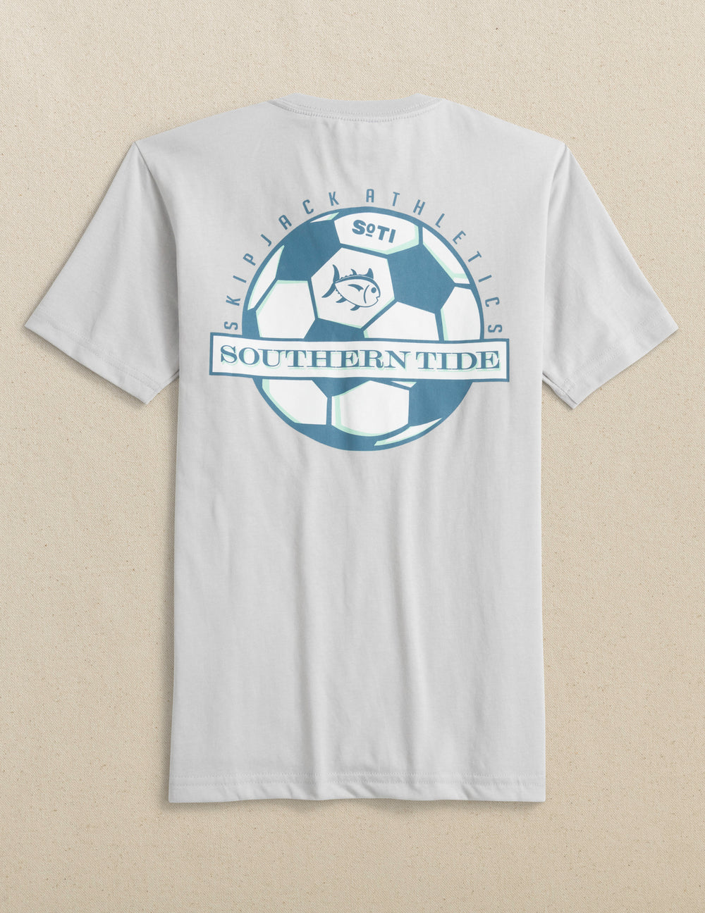 The back view of the Southern Tide Kids Kicking It Athletics Short Sleeve T-Shirt by Southern Tide - Platinum Grey