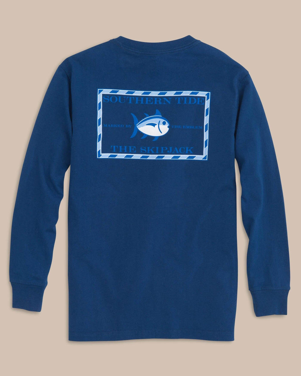 The back view of the Southern Tide Kids Long Sleeve Original Skipjack T-Shirt by Southern Tide - Yacht Blue