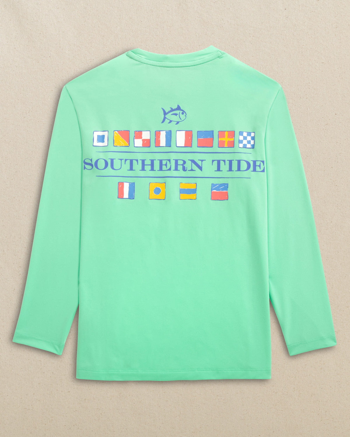 The back view of the Southern Tide Kids Nautical Flags Long Sleeve Performance T-Shirt by Southern Tide - Gulf Shores
