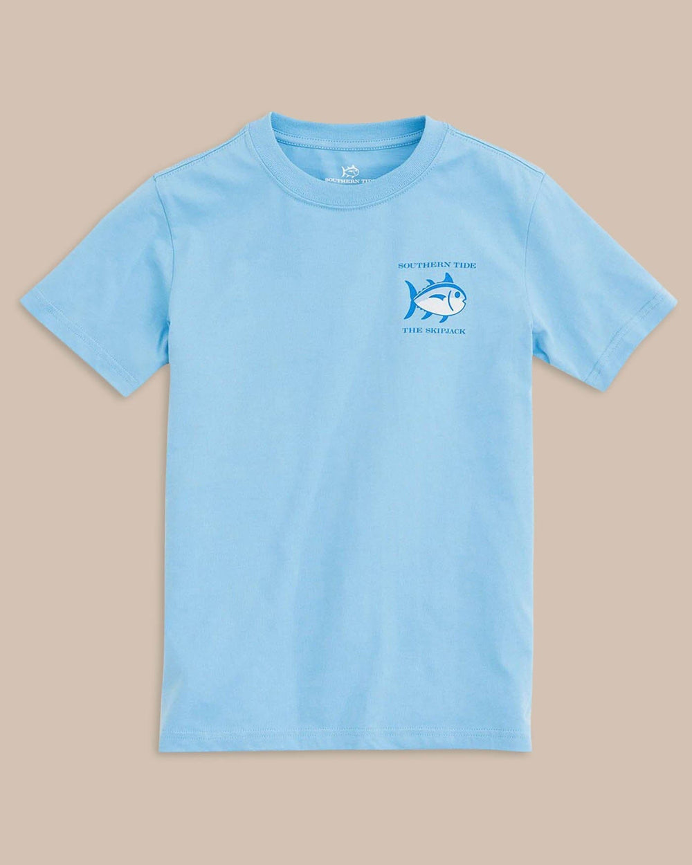 The front view of the Kid's Blue Original Skipjack T-Shirt by Southern Tide - Ocean Channel