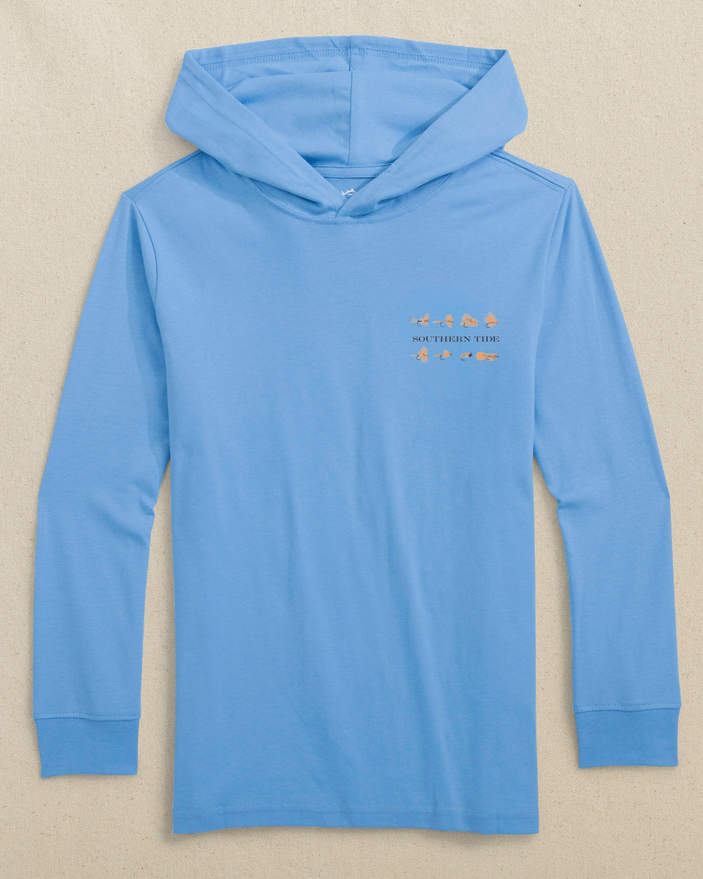 The front view of the Southern Tide Kids Southern Tide Flies Long Sleeve Hoodie T-Shirt by Southern Tide - Cerulean