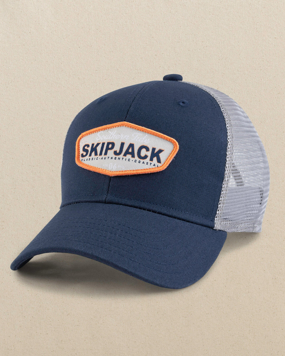 The front view of the Southern Tide Kids Vintage Badge Trucker Hat by Southern Tide - Navy