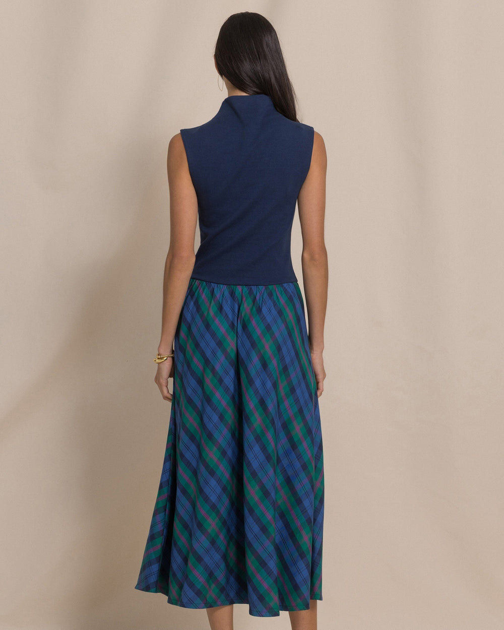 The back view of the Southern Tide Knit to Woven Plaid Party Dress by Southern Tide - Dress Blue