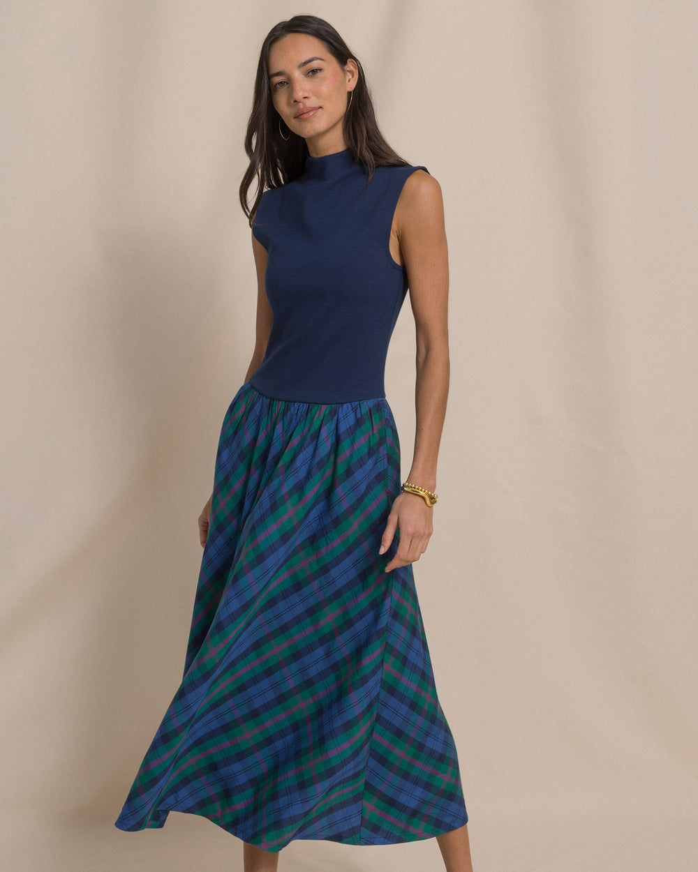 The front view of the Southern Tide Knit to Woven Plaid Party Dress by Southern Tide - Dress Blue
