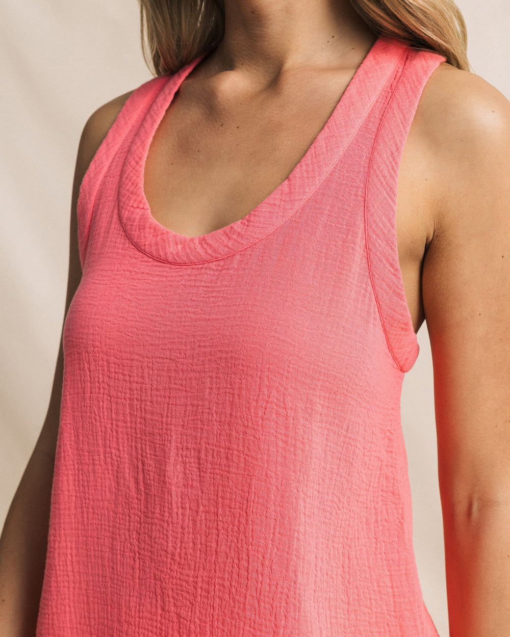 The detail view of the Southern Tide Leila Double Cloth Garment Dye Solid Tank by Southern Tide - Island Pink