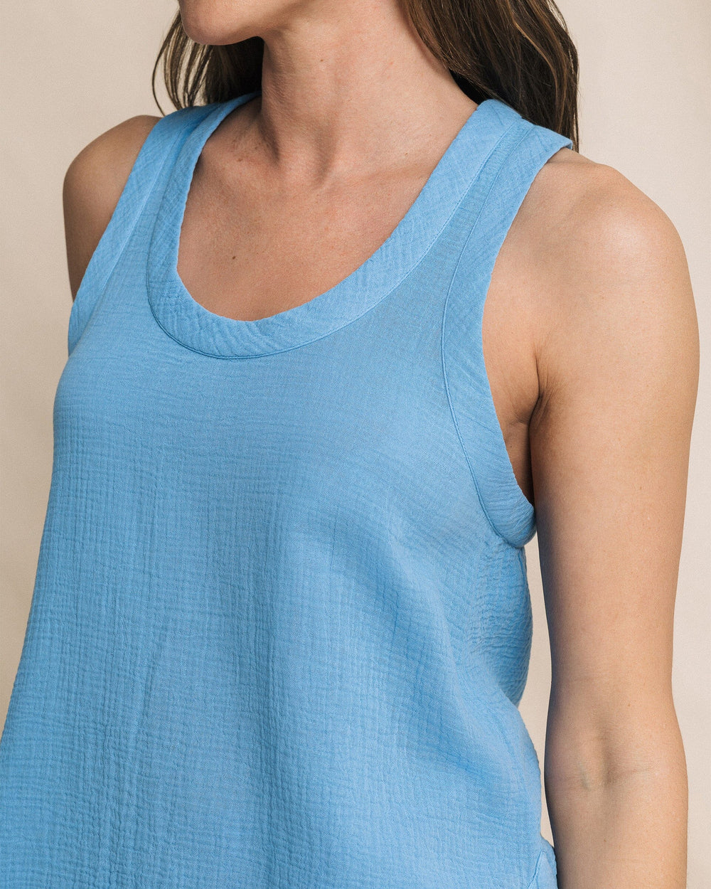 The detail view of the Southern Tide Leila Double Cloth Garment Dye Solid Tank by Southern Tide - Ocean Channel