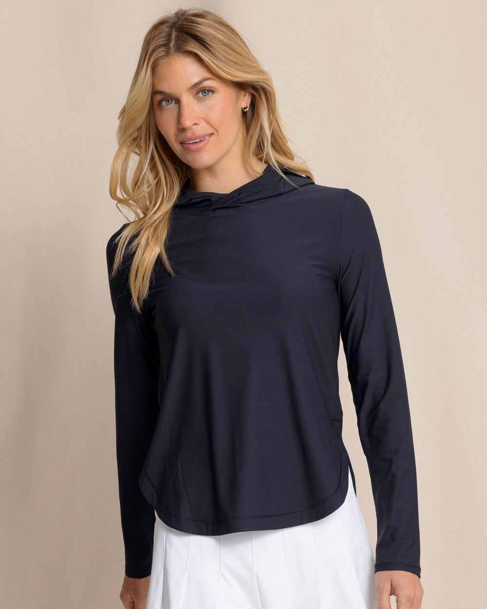 The front side view of the Southern Tide Linley brrr°®-illiant Performance Hoodie by Southern Tide - Caviar Black